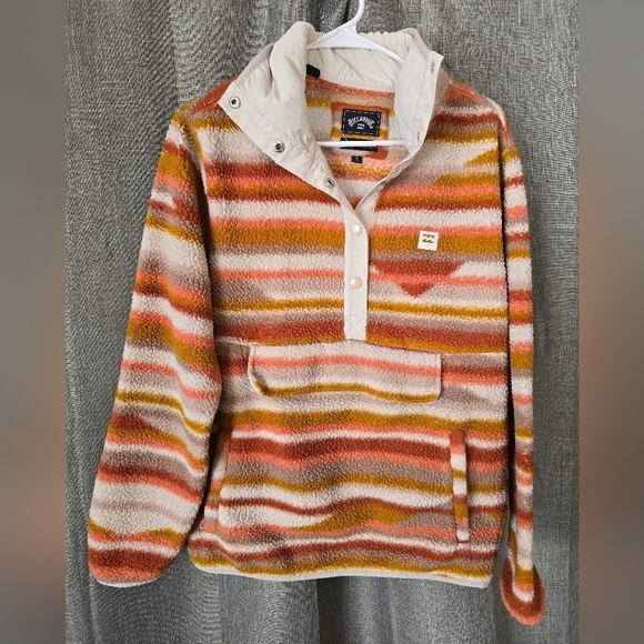 Billabong Switchback Striped Fleece Sweater Womens Sz M Sherpa Snap Up Mock Neck - Picture 1 of 4
